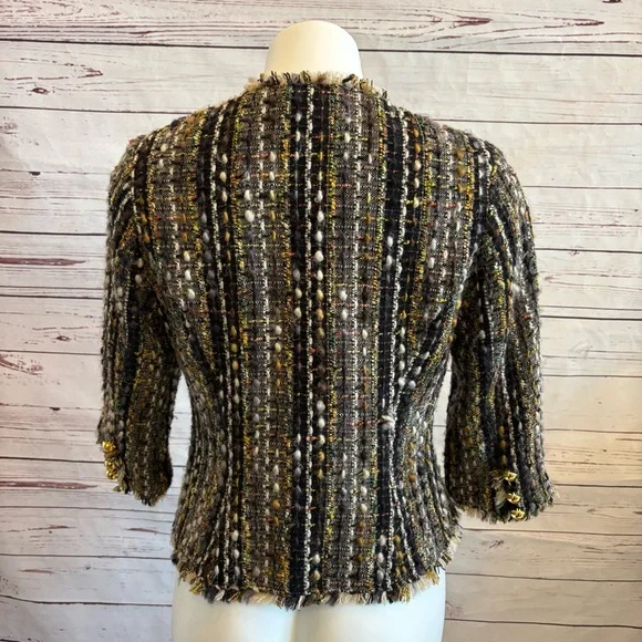 CABi 175 Paris Tweed Cropped Blazer Jacket Size Small Black Gold Button Fringe - Picture 6 of 12